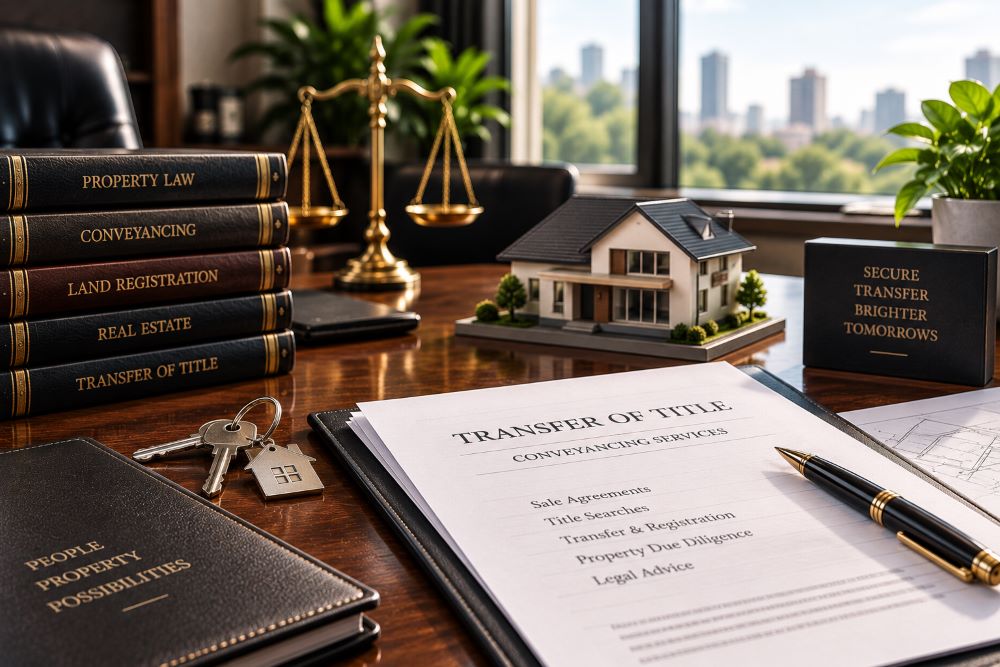 Property documents and a model house representing conveyancing services.