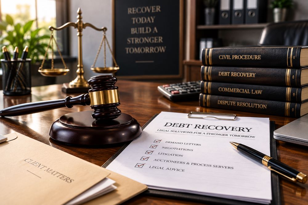 Legal gavel and documents representing debt recovery services.